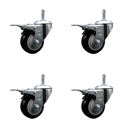 Service Caster 3'' Black Polyurethane Swivel 7/16'' Stem Caster Set with Total Lock Brake, 4PK SCC-GRTTL20S314-PPUB-BLK-716138-4